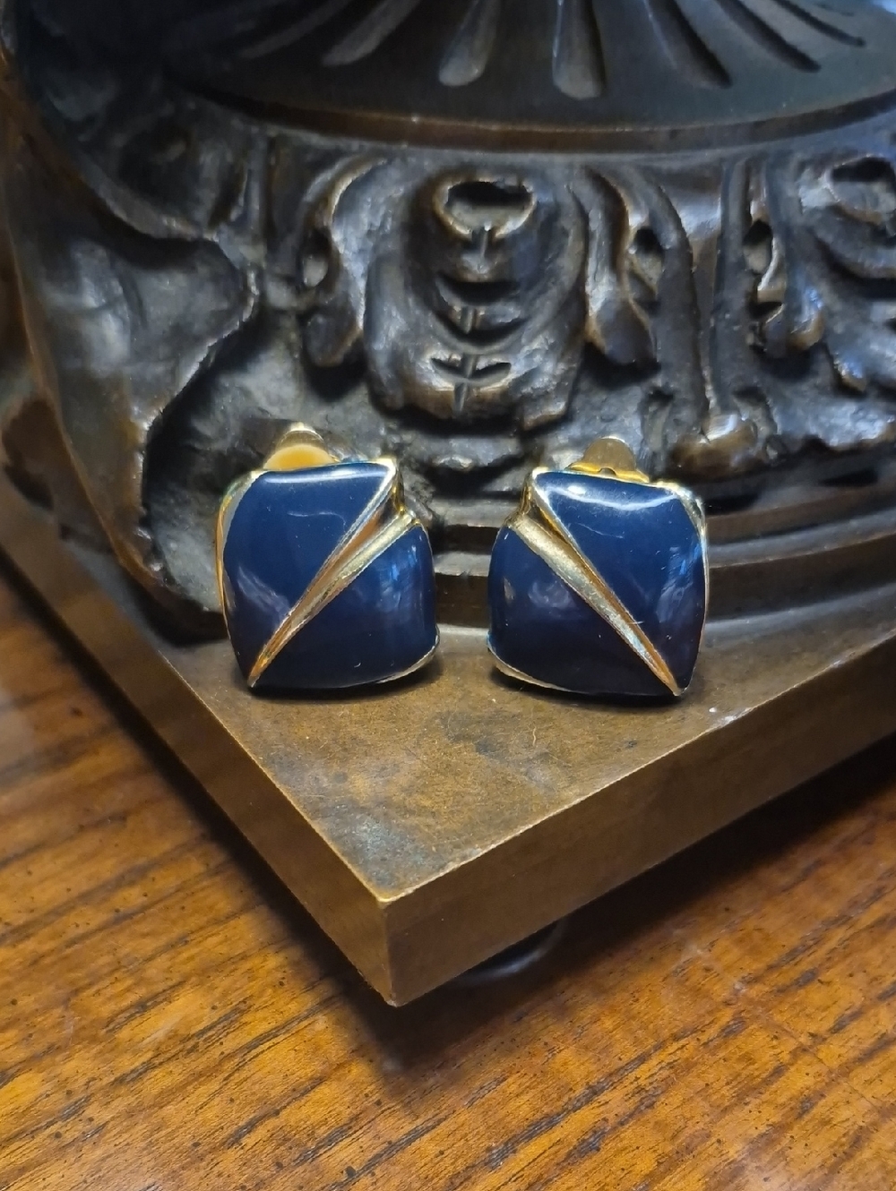 Vintage Navy Blue & Gold Clip Earrings